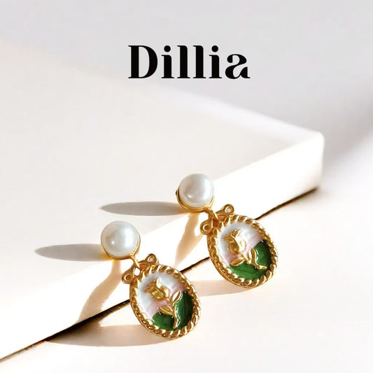 Enamel Gold Rose Garden Pendant Copper Alloy Stud Earrings