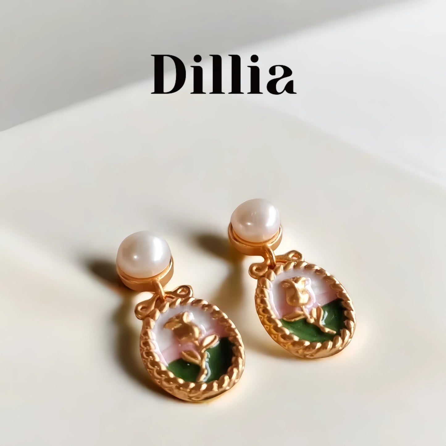 Enamel Gold Rose Garden Pendant Copper Alloy Stud Earrings