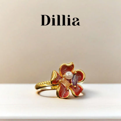 Scarlet Enamel Embellished Flower Open Ring