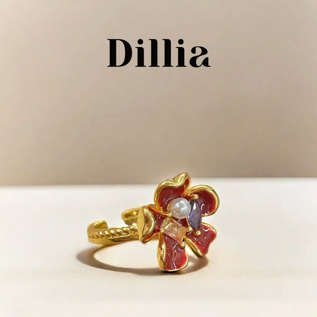 Scarlet Enamel Embellished Flower Open Ring