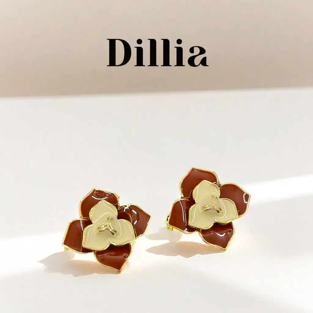 Enamel Camellia Irregular Gold-plated Stud Earrings