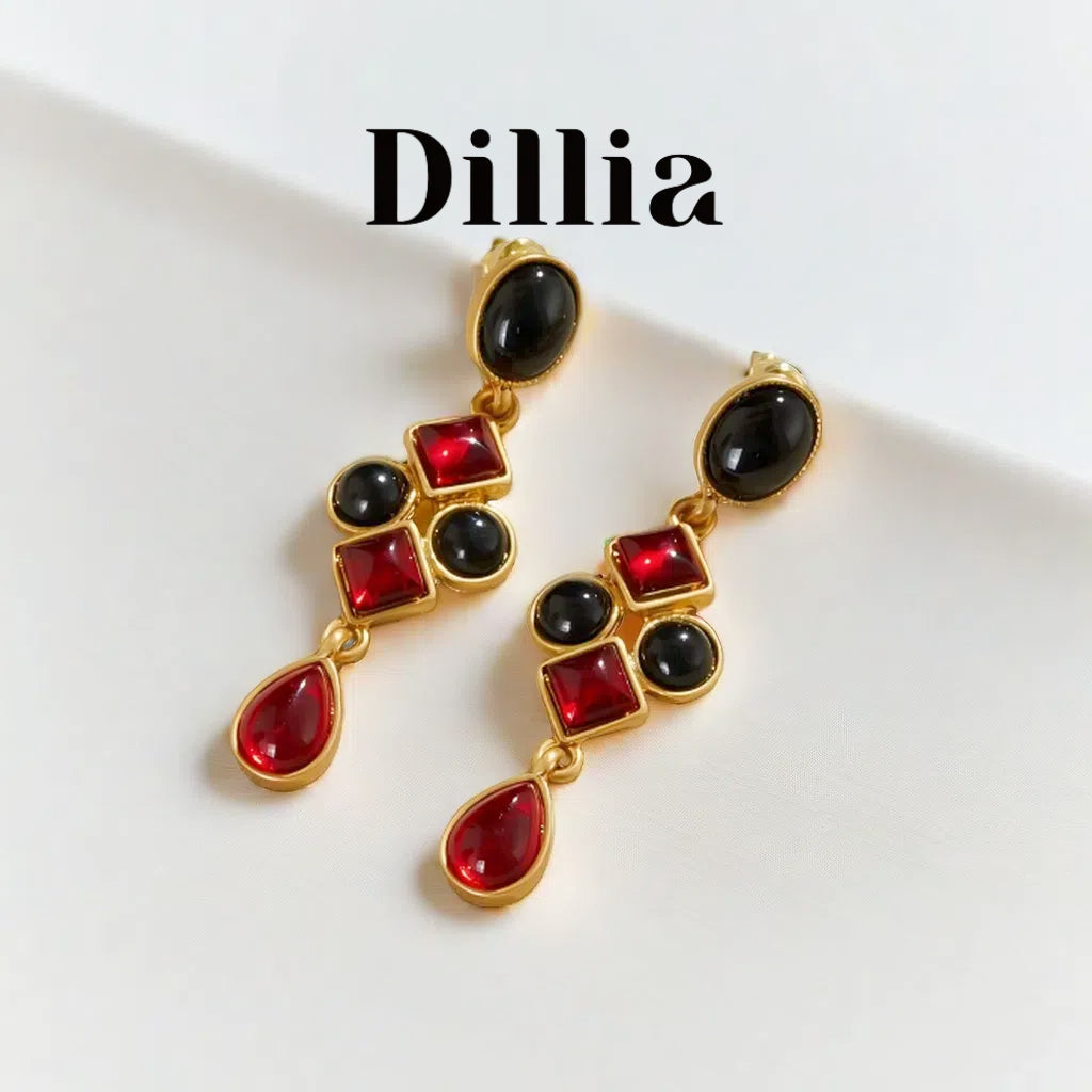 Retro Black and Red Contrasting Glaze Stone Earrings