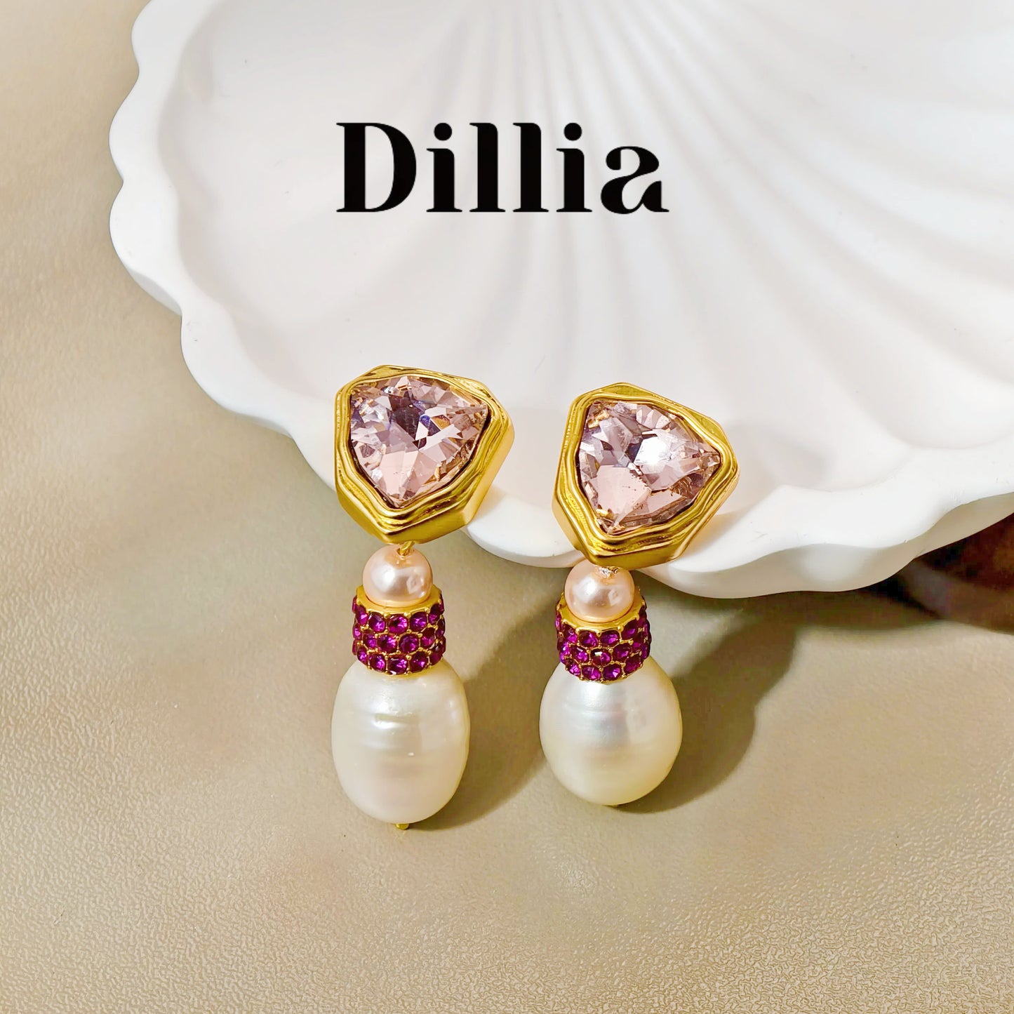 Pink Gemstone Rose Red Zirconia Pearl Earrings
