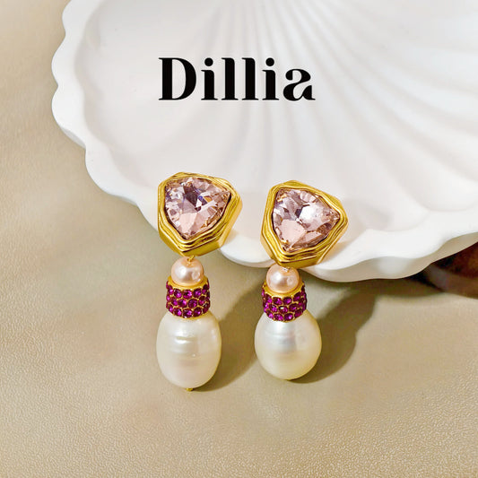 Pink Gemstone Rose Red Zirconia Pearl Earrings