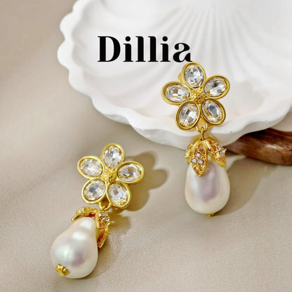 Retro Zircon Flower Drop Pearl Pendant Earrings