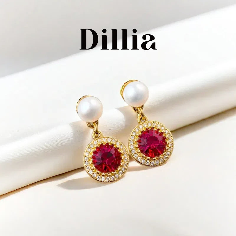 Vintage Red Zirconia Inlaid Pearl Earrings