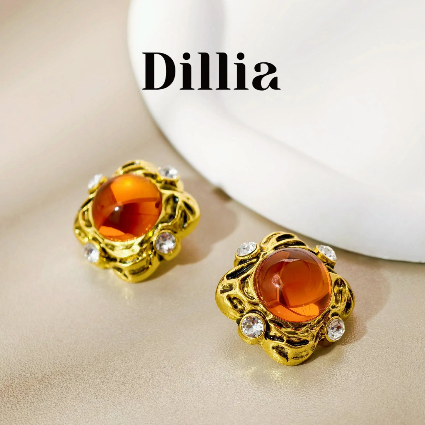 French Orange Glaze Stone Square Stud Vintage Earrings