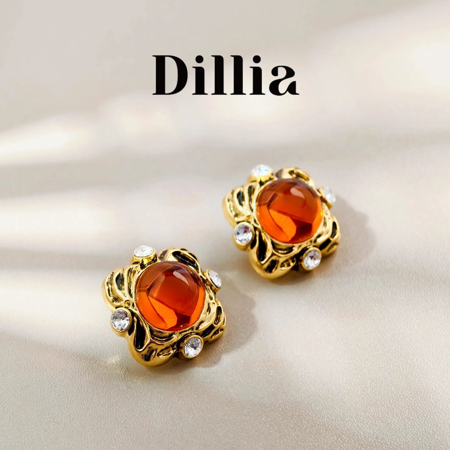 French Orange Glaze Stone Square Stud Vintage Earrings