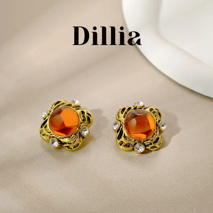 French Orange Glaze Stone Square Stud Vintage Earrings