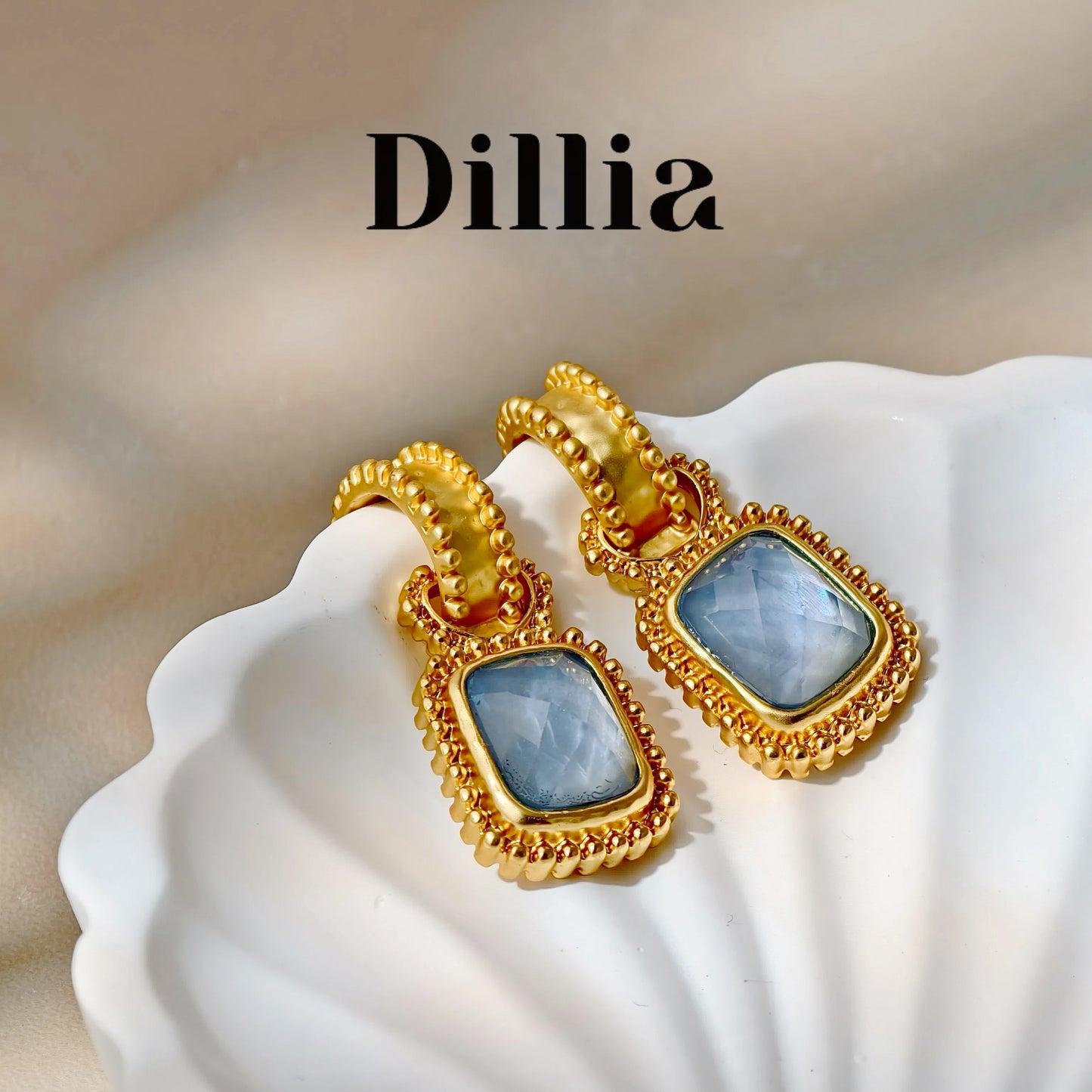 Blue-gray Square Glaze Stones Statement Vintage Earrings