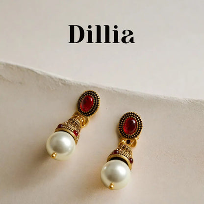 Vintage Red Glaze Stone Pearl Pendant Gold Plated Earrings