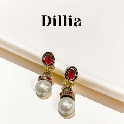 Vintage Red Glaze Stone Pearl Pendant Gold Plated Earrings