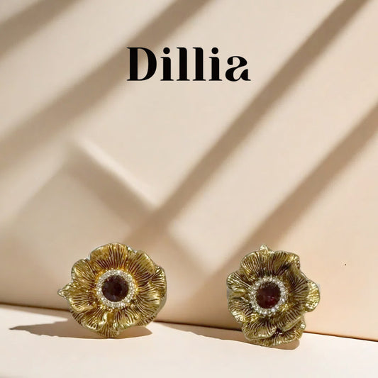 Crystal-Embellished Floral Gold-Plated Stud Earrings