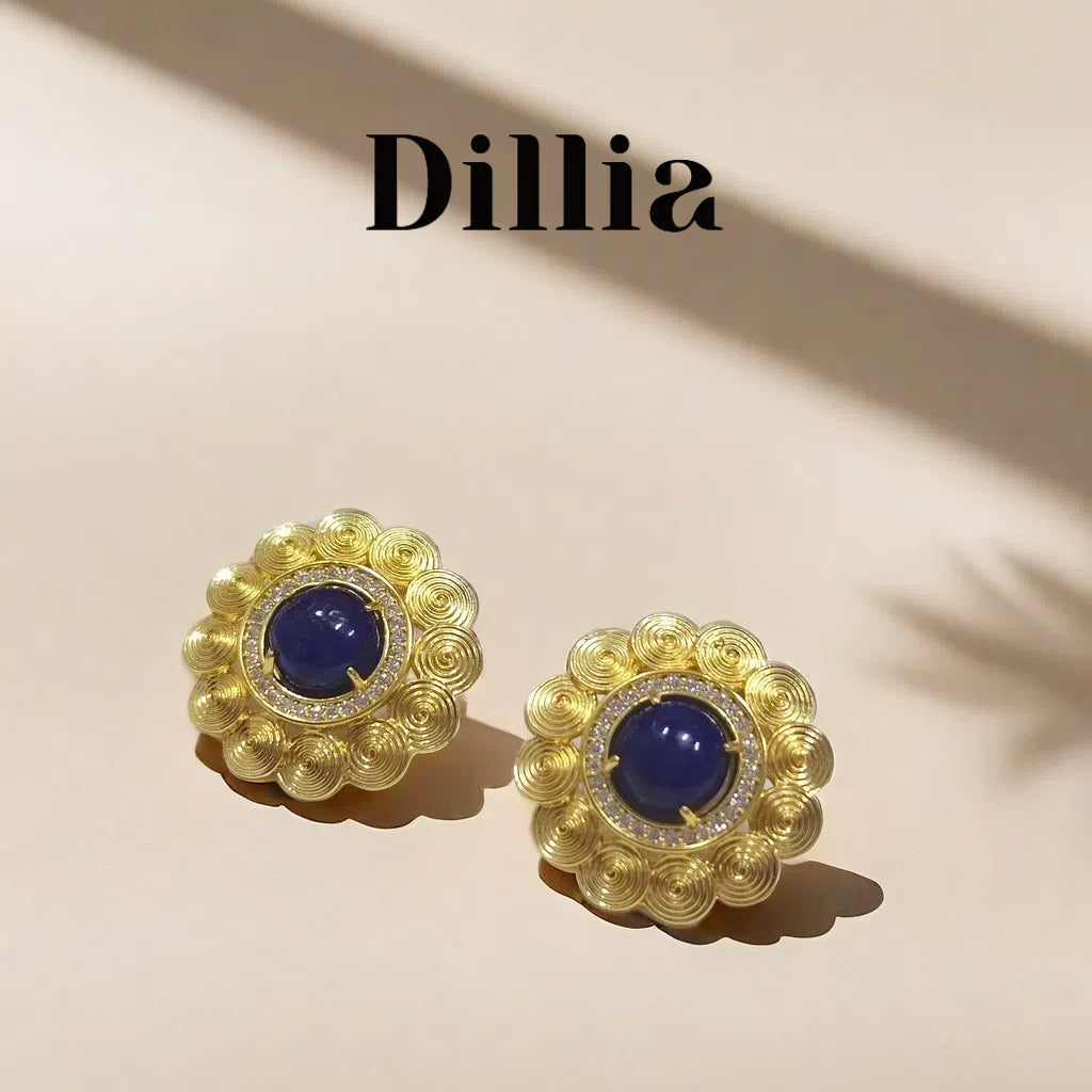 Classic Blue Glaze Stone Floral Earrings