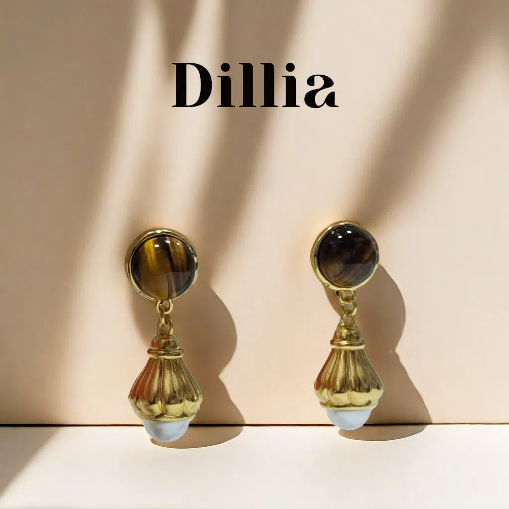 Elegant Gold-Plated Vintage Tiger's Eye Drop Earrings