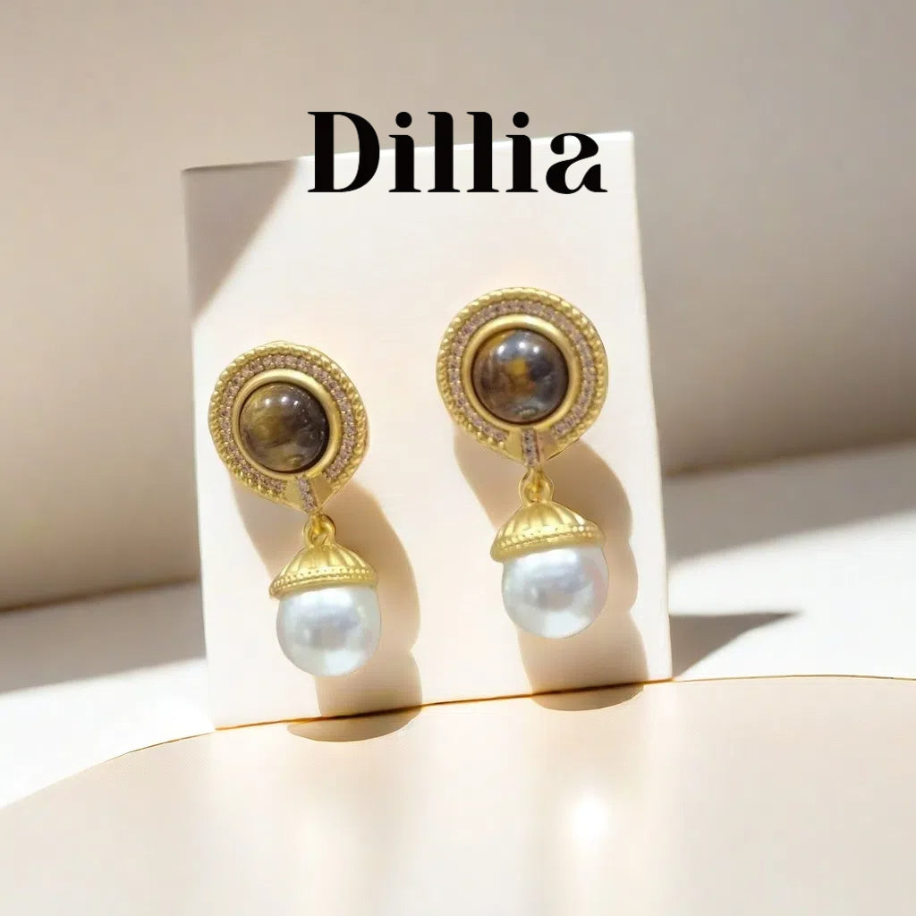 Elegant Tiger's Eye and Pearl Drop Earrings
