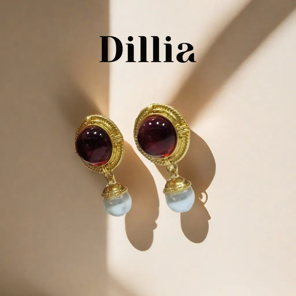 Vintage Red Glaze Stone Pearl Pendant Earrings