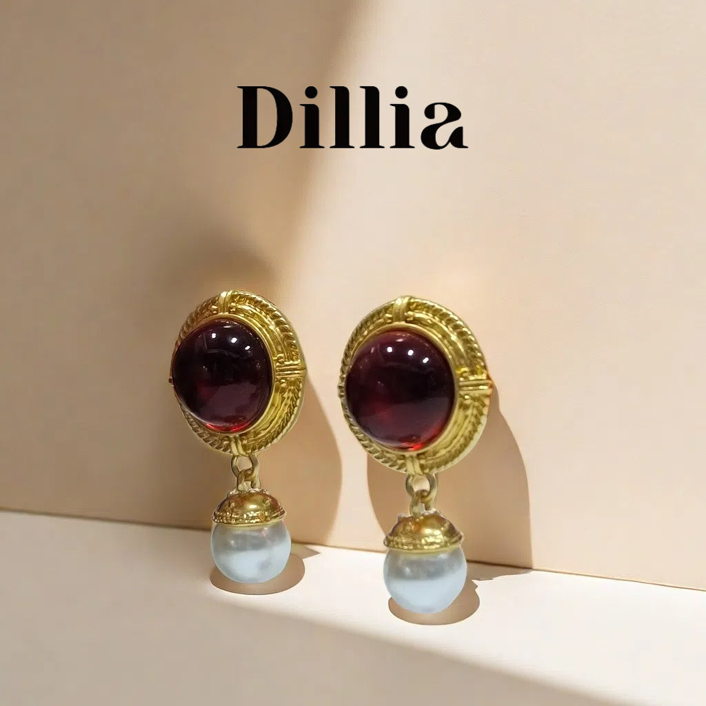 Vintage Red Glaze Stone Pearl Pendant Earrings