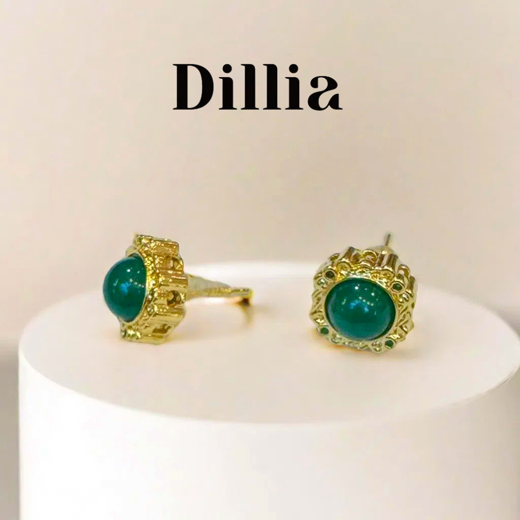 Vintage Green Glaze Stone Gold-Plated Stud Earrings
