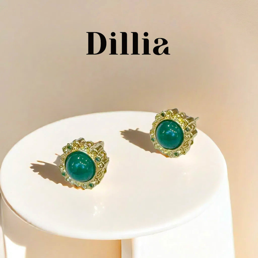 Vintage Green Glaze Stone Gold-Plated Stud Earrings