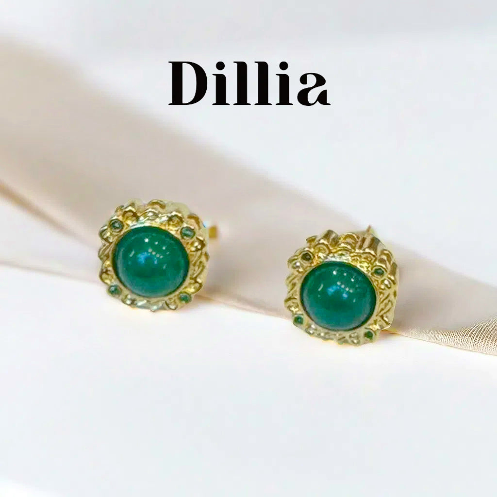 Vintage Green Glaze Stone Gold-Plated Stud Earrings