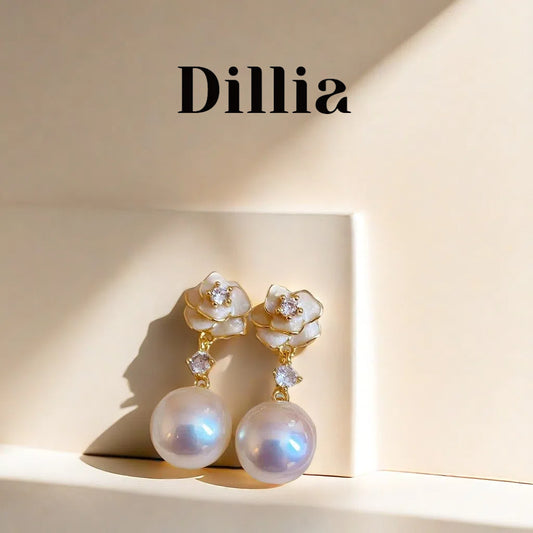 Elegant Camellia Pearl Drop Earrings