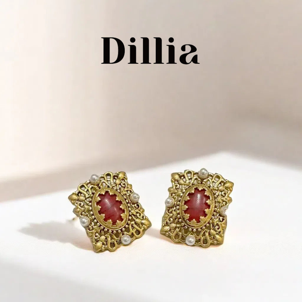 Vintage Red Glaze Stone Pearl Embellished Earrings