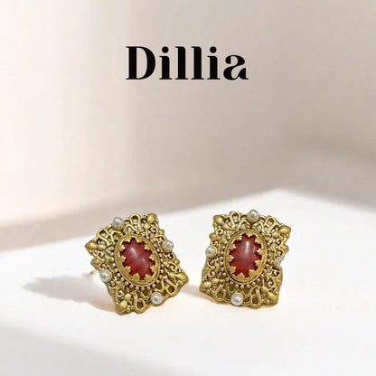 Vintage Red Glaze Stone Pearl Embellished Earrings