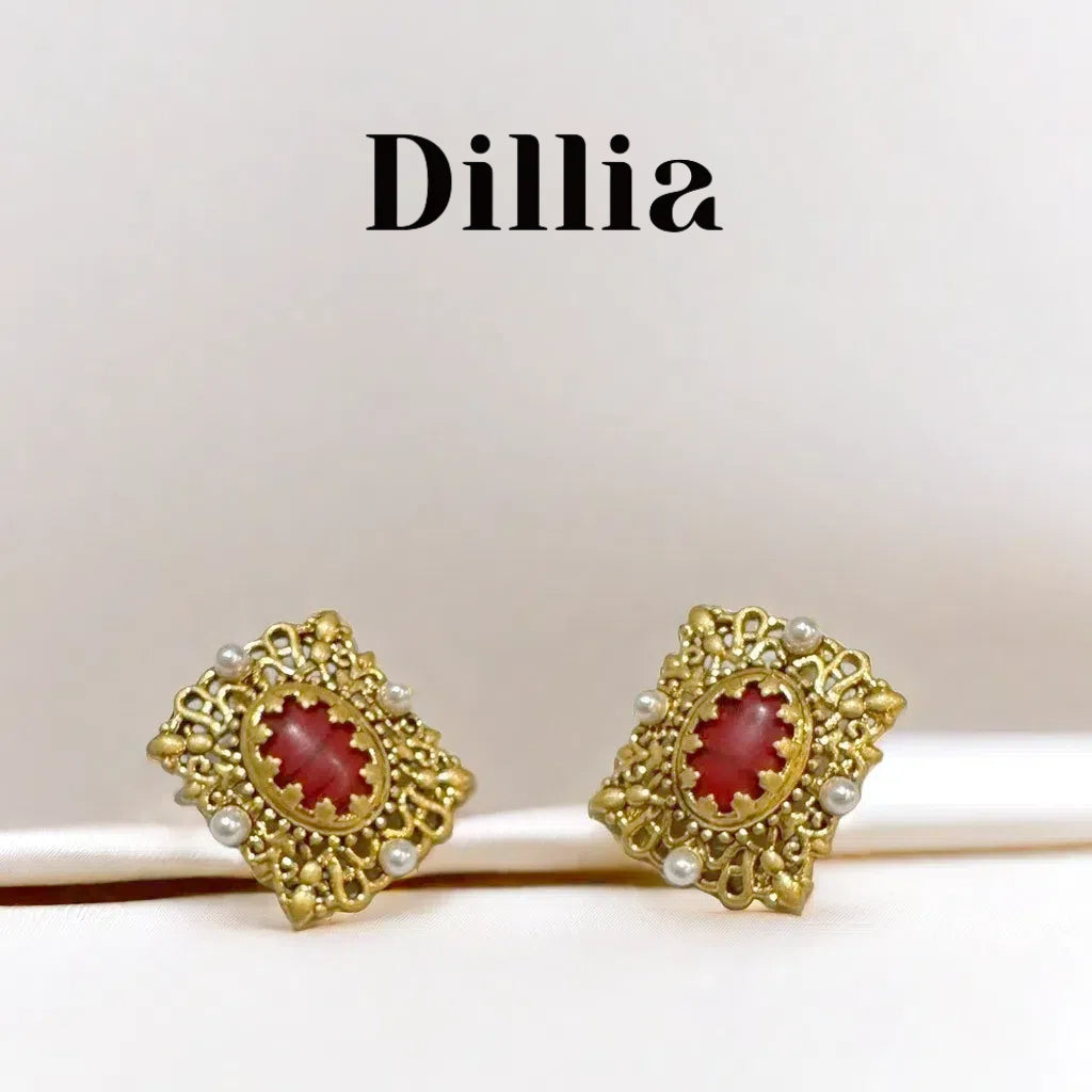 Vintage Red Glaze Stone Pearl Embellished Earrings
