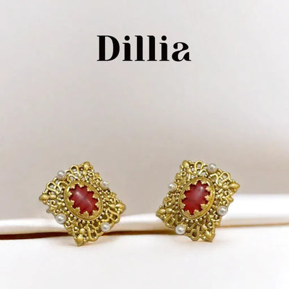 Vintage Red Glaze Stone Pearl Embellished Earrings