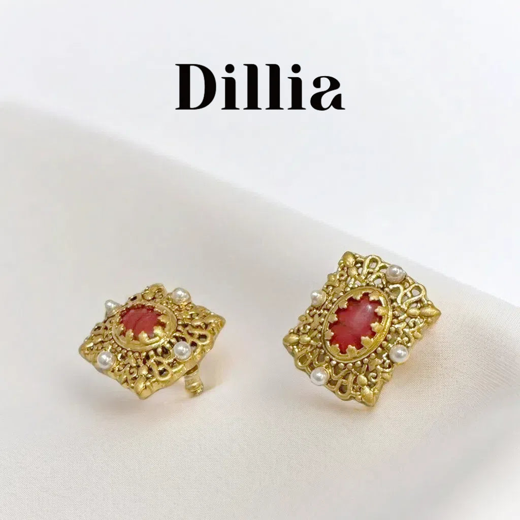 Vintage Red Glaze Stone Pearl Embellished Earrings