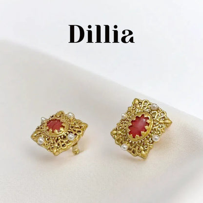 Vintage Red Glaze Stone Pearl Embellished Earrings