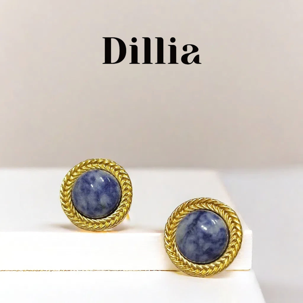 Gold-Plated Rope Blue Smudged Glaze Stud Earrings
