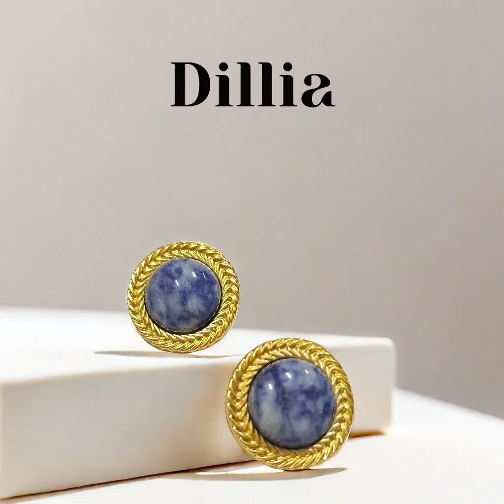 Gold-Plated Rope Blue Smudged Glaze Stud Earrings