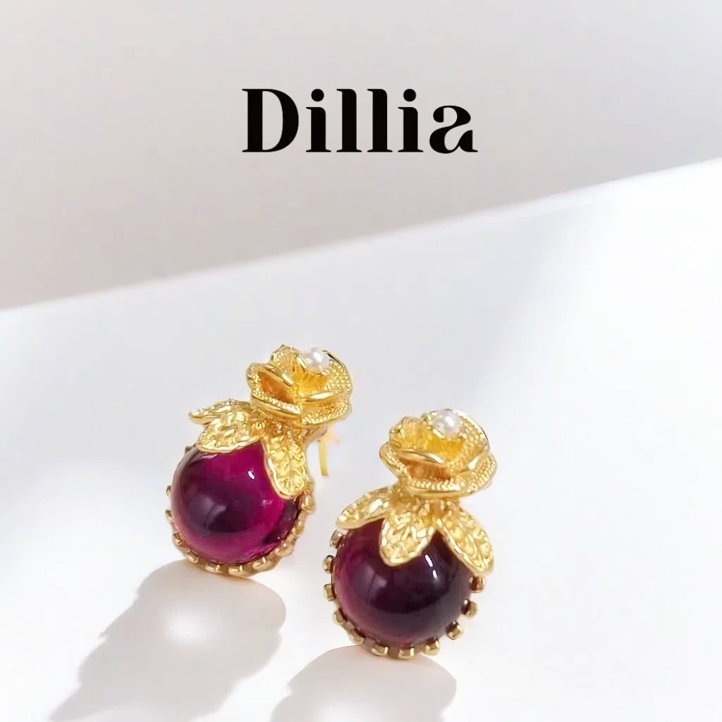Vintage Red Glaze Stone Rose Gold-Plated Earrings
