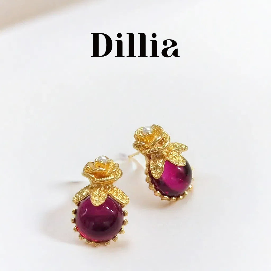 Vintage Red Glaze Stone Rose Gold-Plated Earrings