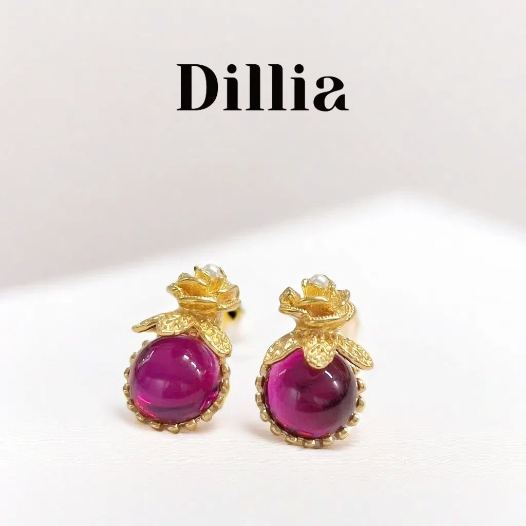 Vintage Red Glaze Stone Rose Gold-Plated Earrings