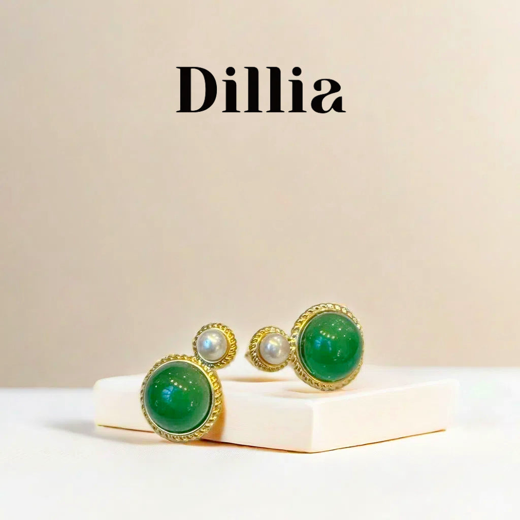 Elegant Gold-Plated Green Glaze and Pearl  Earrings