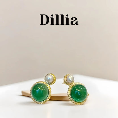 Elegant Gold-Plated Green Glaze and Pearl  Earrings