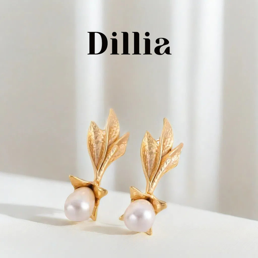 Elegant Gold-Plated Leaf and Pearl Drop Earrings