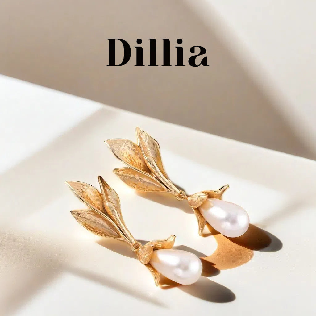 Elegant Gold-Plated Leaf and Pearl Drop Earrings