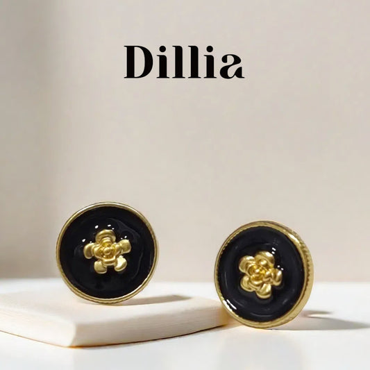 Chic Black and Gold Camellia Enamel Floral Stud Earrings
