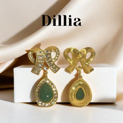 Elegant Bow Design Green Crystal Drop Earrings