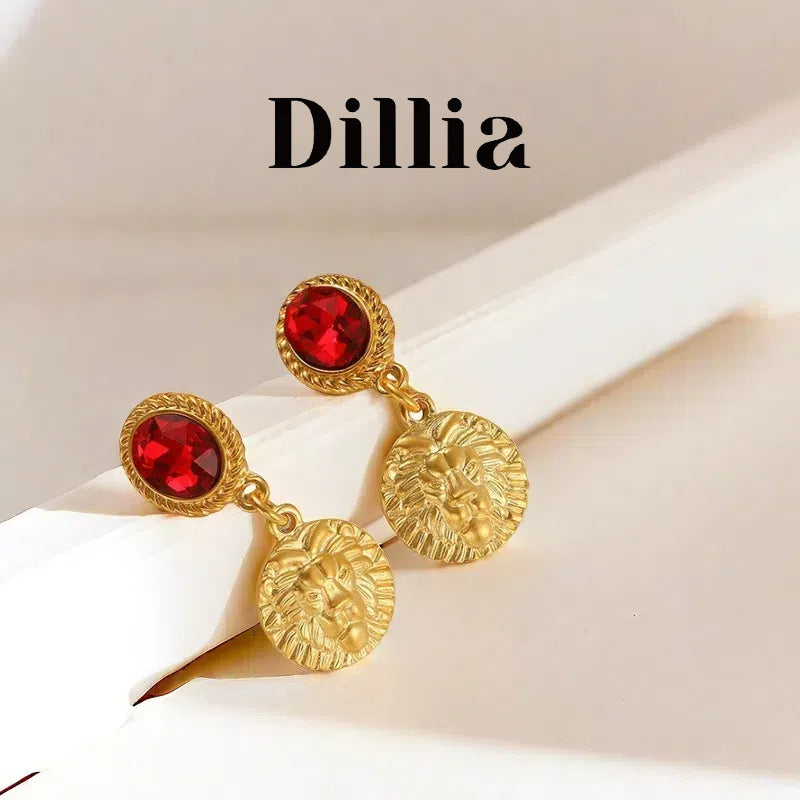 Golden Engraved Lion Vintage Glaze Stone Stud Vintage Earrings