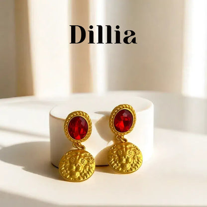 Golden Engraved Lion Vintage Glaze Stone Stud Vintage Earrings