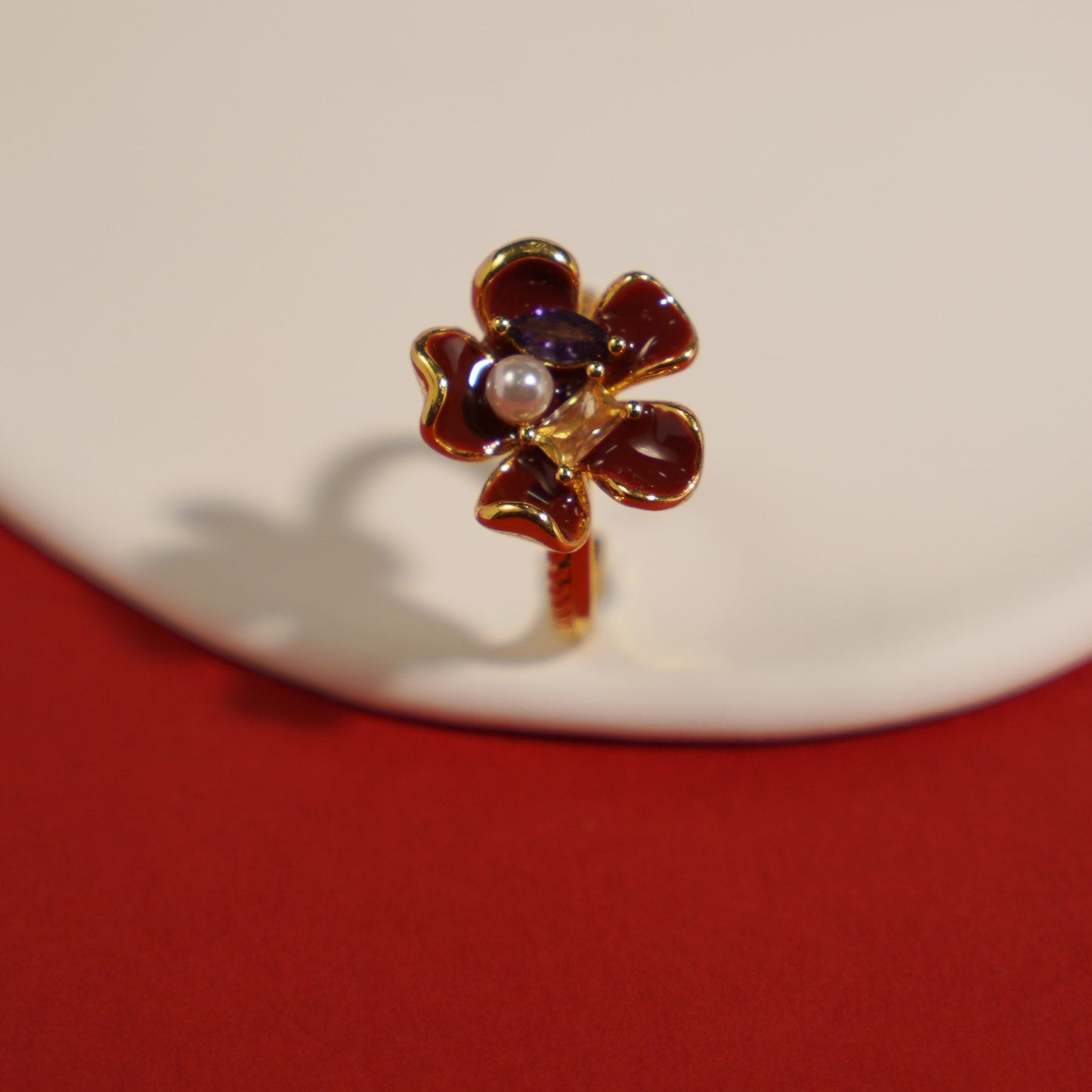 Scarlet Enamel Embellished Flower Open Ring