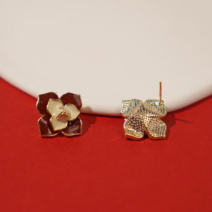 Enamel Camellia Irregular Gold-plated Stud Earrings