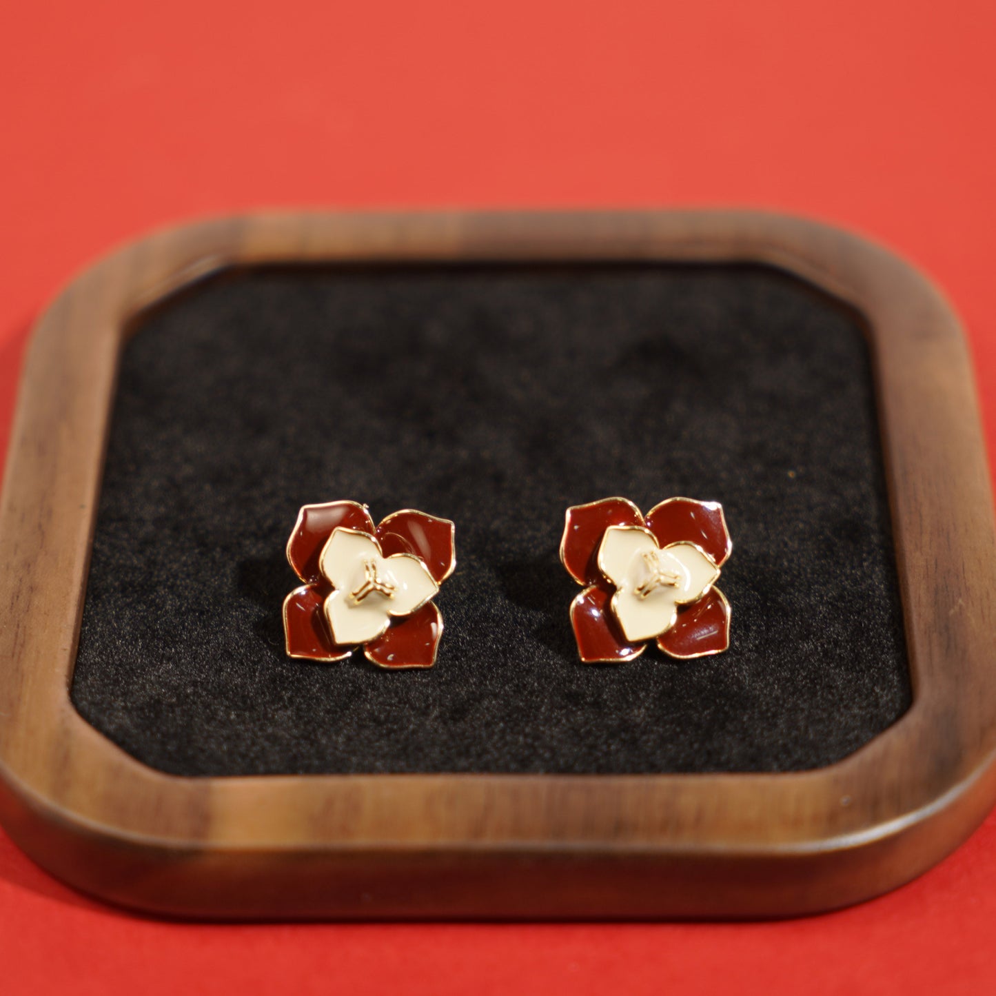 Enamel Camellia Irregular Gold-plated Stud Earrings