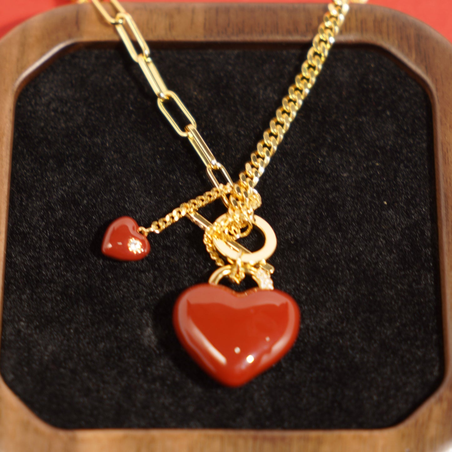 Fashion Enamel Golden Red Heart Pendant Necklace
