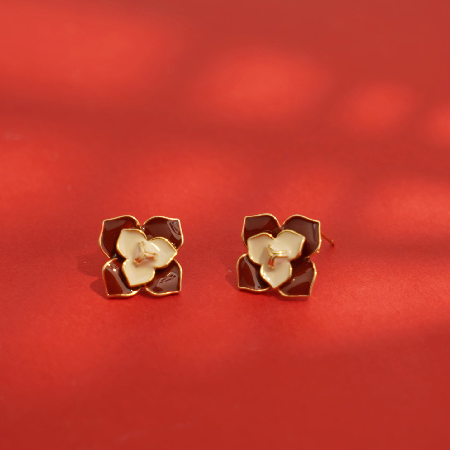 Enamel Camellia Irregular Gold-plated Stud Earrings